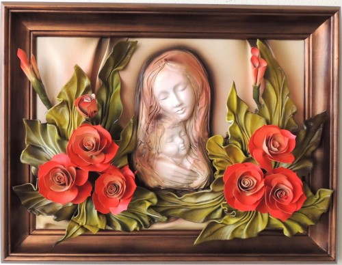 PIĘKNY OBRAZ Z MATKĄ BOŻĄ ZE SKÓRY - RÓŻE W KOLORZE CEGIEŁKOWYM