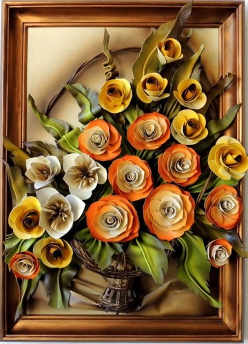 PIĘKNY, DUŻY OBRAZ ZE SKÓRY Z KWIATAMI W KOSZU