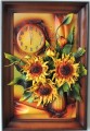 SŁONECZNIKI - Obraz z zegarem ze skóry