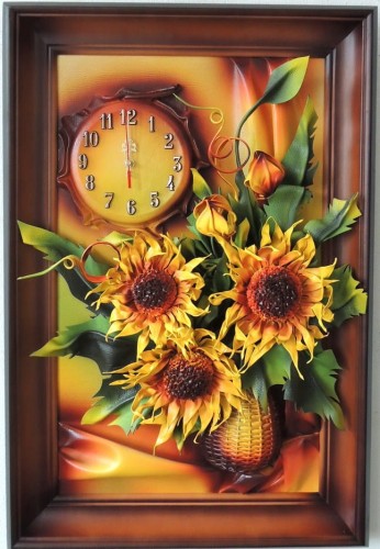 SŁONECZNIKI - Obraz z zegarem ze skóry