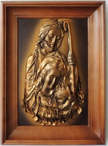 PIĘKNY OBRAZ ZE SKÓRY Z DUŻĄ PŁASKORZEŹBĄ ŚWIĘTEJ RODZINY - SR5-2