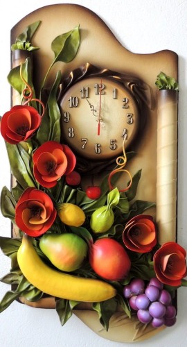 ZEGAR Z OWOCAMI, WINOGRONAMI, BANANEM, ZE SKÓRY, ORYGINALNA DEKORACJA, MAKAMI