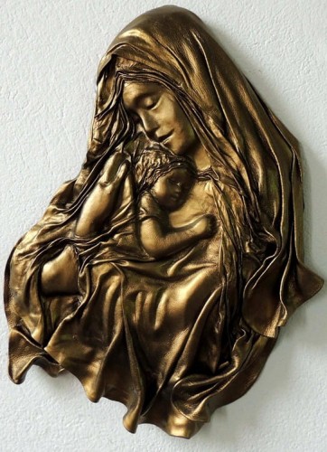 Czarno MOSIĘŻNA duża rzeźba ścienna ze skóry, MATKA BOŻA MARYJA Z DZIECIĄTKIEM, oryginalna pamiątka, prezent na ŚLUB, jubileusz, PODZIĘKOWANIE, chrzciny, MOŻLIWA DEDYKACJA - GRAWER