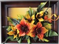 CIEKAWY OBRAZ Z LILIAMI, CIEPŁA KOLORYSTYKA, RĘKODZIEŁO W SKÓRZE