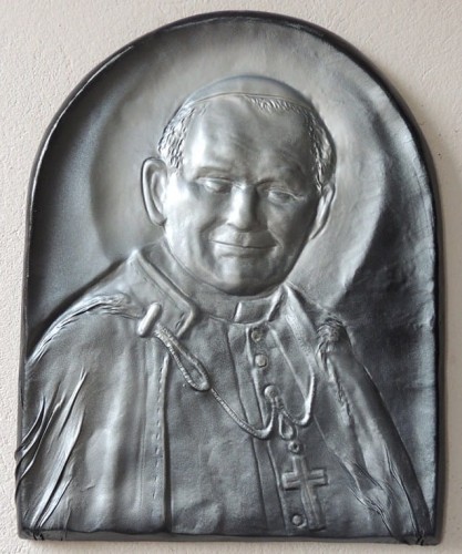 CZARNO-SREBRNA Piękna płaskorzeźba ze skóry ŚWIĘTEGO PAPIEŻA JANA PAWŁA II, oryginalny prezent na ŚLUB, JUBILEUSZ, opcja dodatkowa DEDYKACJA - GRAWER, NIEPOWTARZALNA PAMIĄTKA