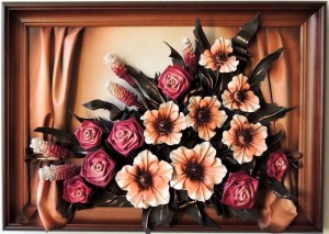 DUŻY OBRAZ ZE SKÓRY " KOMPOZYCJA KWIATOWA" na podziękowanie ROCZNICĘ urodziny
