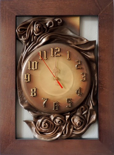 Zegar do gabinetu, salonu, drewno, skóra, róże ręcznie wykonane, nowa stylistyka, duża tarcza, duży wyraźny cyferblat
