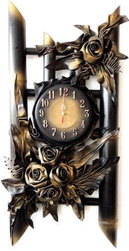  	CZARNO - MOSIĘŻNY ZEGAR ZE SKÓRY NA STELAŻU Z BAMBUSA