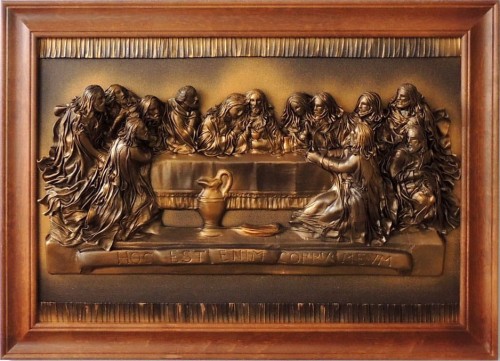 Obraz ze skóry, ostatnia wieczerza, ręczna praca, kolor brązowo złoty, rama lite drewno prosto z naszej pracowni, możliwa dedykacja grawer