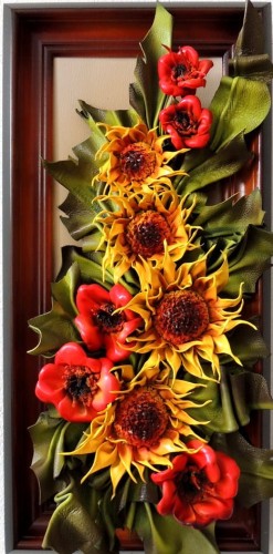 Przepiękny obraz ze skóry SŁONECZNIKI I MAKI